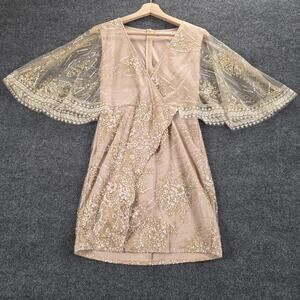 Hello Molly Dress Womens Medium Nude Gold Sequin Mesh Cape‎ Sleeve Wrap Mini